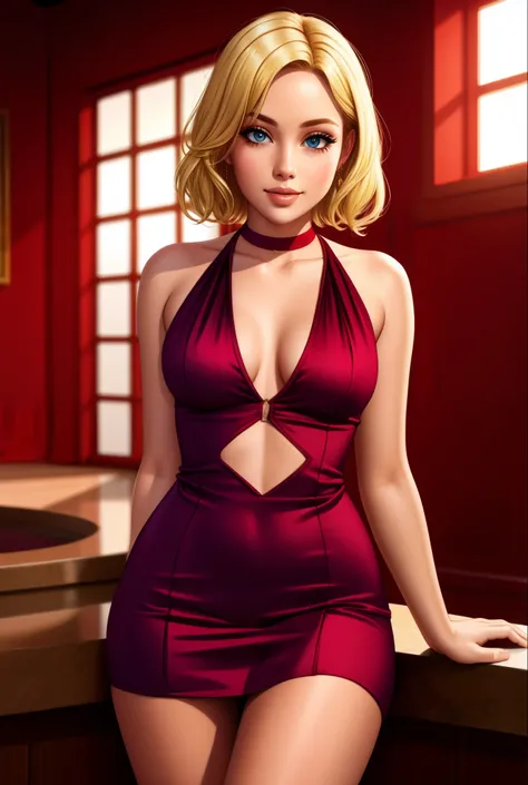 Blonde woman in a short red dress