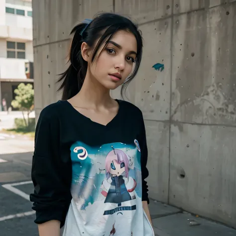 1girl, solo, masterpiece, best_quality, photoshoot, looking at camera, young adult gardevoir, tired expression, pokemon, pokemon (game), game freak, nintendo, (porcelain skin), blue eyes, (black hair), (messy hair in ponytail), black cardigan, baggy tshirt...