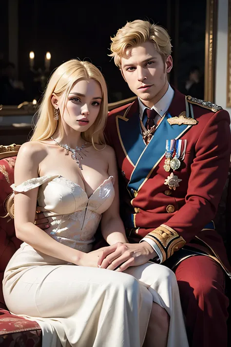 Masterpiece, high quality, perfect face, perfect body, Couple, hetero, 1 man & 1 milf, nobles couple, sitting side by side, girl wearing red dress, girl wearing jewels, looking eyes to eyes, yellow hair girl, blonde hair boy, middle of night, wearing royal...