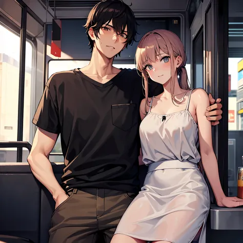 Tall boy holds on to the bar of a bus with both of his upper arms and his girl holds on to his arm because she is 1.50 cm