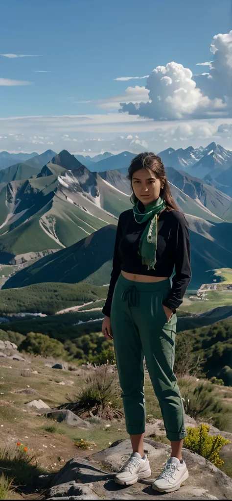 Girl is standing on a mountain peak, posing for the camera with a scenic backdrop of mountains and clouds. They are dressed in a black long-sleeve shirt, green pants, and blue sneakers, with a green scarf tied around their neck. The individual’s face is ob...