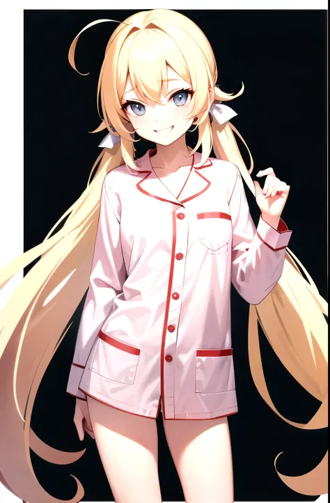 smile, blonde , long hair , half twin tail ,  looking at the viewer, cowboy shot,  Are standing,  1 girl, upright , No pose , (take no pose ), pajamas , pajamas