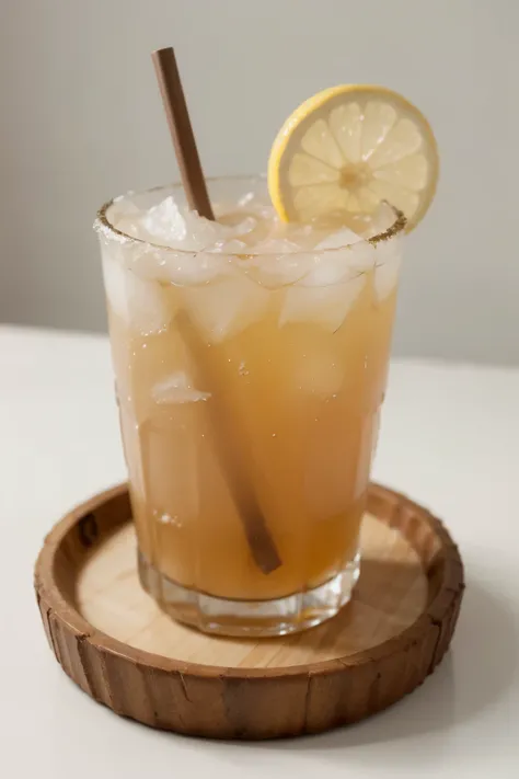 Create a real photo of a drink with light earthy tones in a single 16-ounce disposable plastic cup adorned with only a single lemon wedge on the rim without a straw and with a refreshing light white background