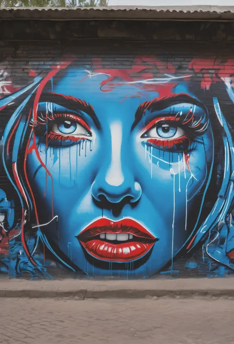 Graffiti on the wall, a womans face, the outline of the eyes and mouth surrounded by neon, the outline of the eyes with blue neon, the outline of the mouth with red color, imersive background of a large bar hall, realistic, 