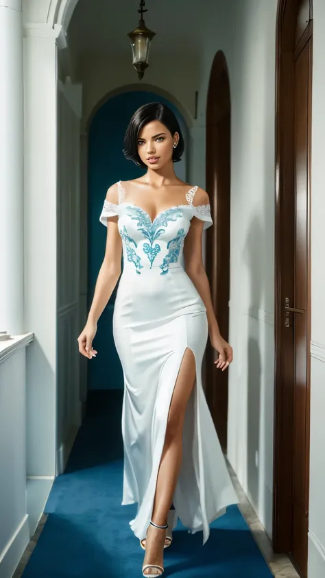 Foto hiperrealista en primer plano de Adriana Lima,, masterpiece, best quality, (photorealistic:1.4), full body, (luxury white long dress, blue embroidery into the dress, summery ),  heels, small corridor , cinematic light, beautiful woman, skinny, medium ...