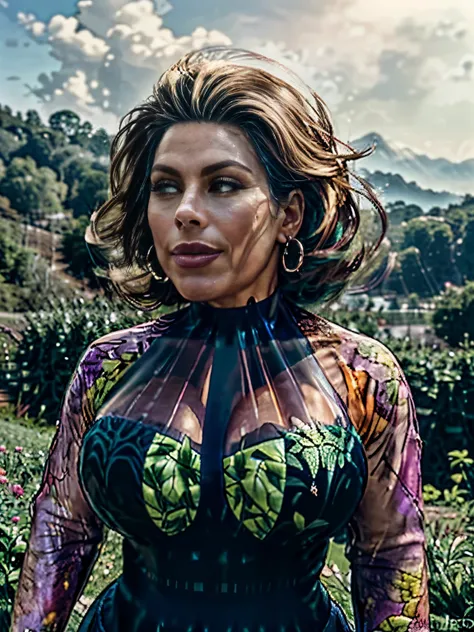 (a)Colombian mature lady,(colorful, vibrant)floral lingerie,picking coffee beans,mountains,(early hours, sunrise),stunning view,serene atmosphere,(lush, green)foliage,(misting, foggy),fresh coffee aroma,(peaceful, tranquil)ambience,(womans gentle, precise ...