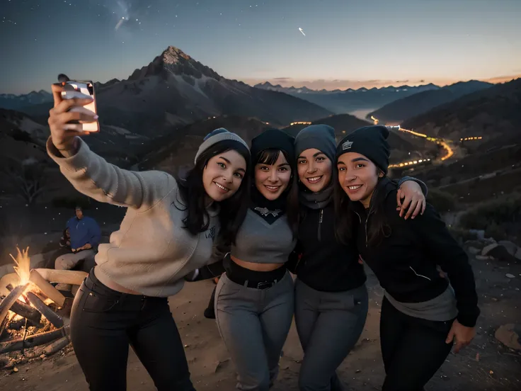 selfie de bettie page, joven con gorro tejido en las mountains, vistiendo jersey gris, Mountain Clothing, Cold, tight mountain pants, Revealing pants in the style of mountain views, accompanied by 3 young people, selfie con los amigos, selfie grupo de amig...