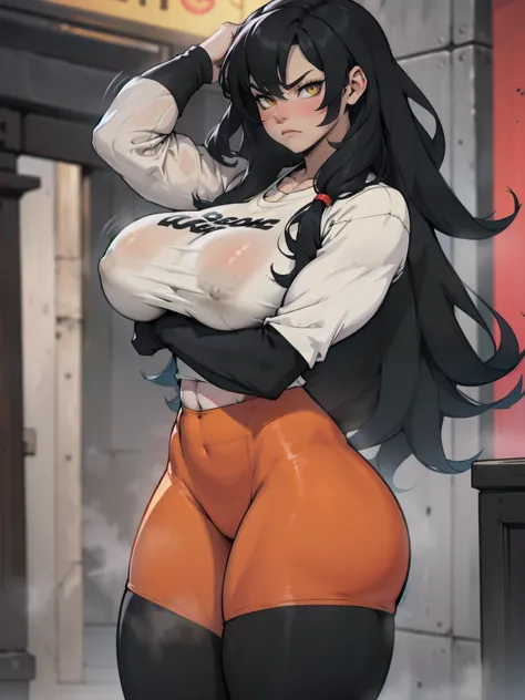 huge breasts pale skin very long hair black hair yellow eyes sad blushing solo frown very long hair very long hair leggings tight tshirt long sleeves