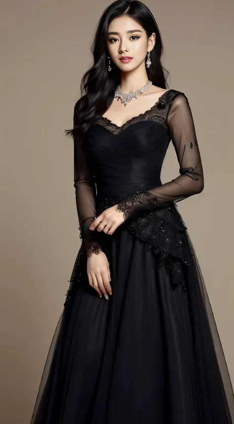 （highest quality，High resolution，masterpiece：1.3），tall and long jewelry dress, beautiful handsome face gorgeous black dress colour black hair queen 