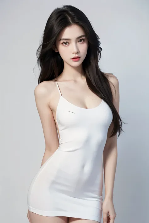 （lifelike,high resolution：1.3）， A slim girl， The face shape and eyes are super delicate,black hair,red glossy lips,(beautiful face), (best quality), (Super detailed), (Extremely detailed CG unified 8K wallpaper),((Sexy backless dress)),(White background),(...