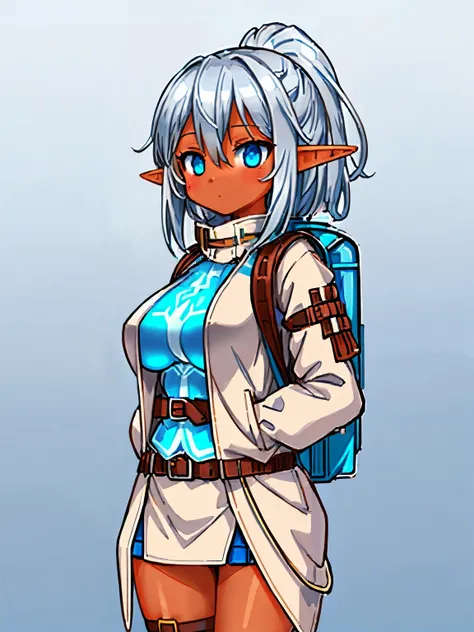 (tanned elf girl:1.2), (silver hair), (large tits), (brown large backpack white jacket belts clothes:1.2), (blue gradient background:1.2), (high fantasy:1.4)