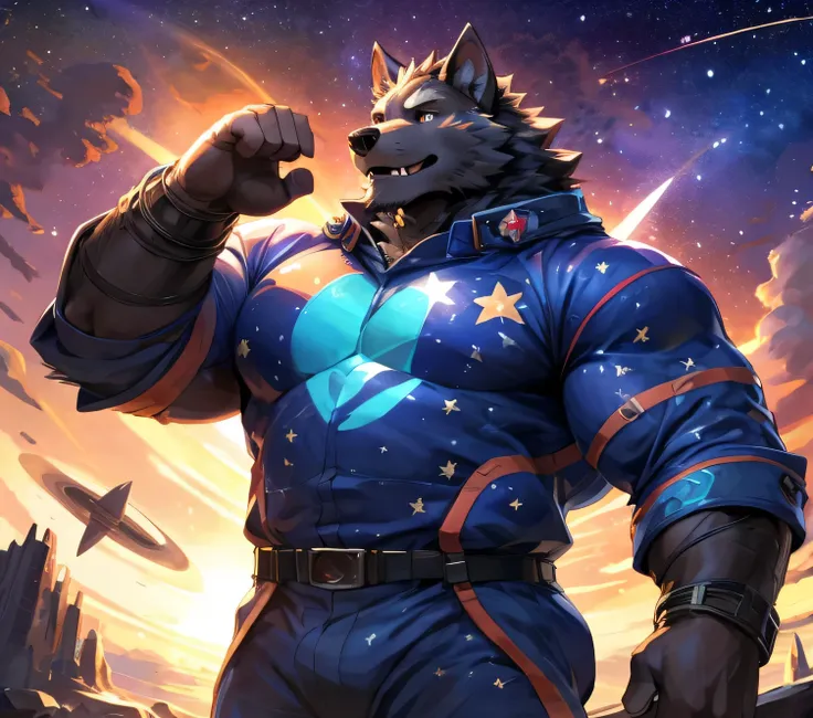 masterpiece,high quality,anime,detailed eyes,furry male black wolf, blaidd, great physique,strong arms manly, in outer space, sh...