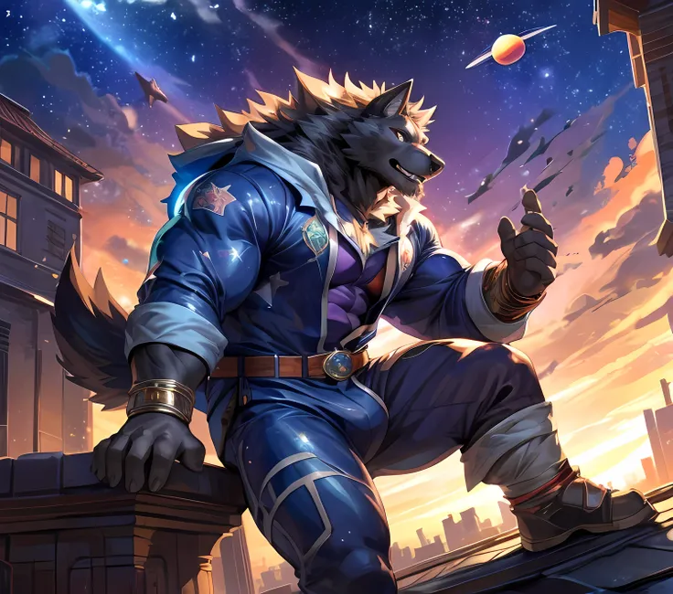 masterpiece,high quality,anime,detailed eyes,furry male Black Wolf, Blaidd, Great physique,strong arms manly, in a Upper building, (Rooftop), show some planets around, Star Pajama suit, (Sunset), Shimmering Stars, Surrounded by colorful stars, Joyful, by n...