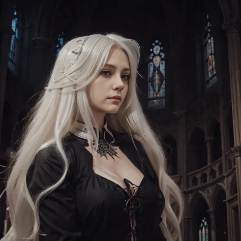 a woman with long white hair standing in a church, castlevania witch, behind her a gothic cathedral, in the art style of bowater, inspired by Li Chevalier, gothic maiden anime girl, anor londo, detailed digital anime art, detailed anime character art, whit...