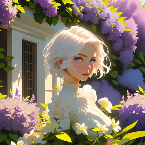 portrait, Fantasy, world, garden, a lot of vegetation, flowers, girl, short white hair, in a chic ball gown, Blue eyes, expressive breasts, hid in bushes of flowers, bunches of lilacs, peeks out from behind bushes of flowers