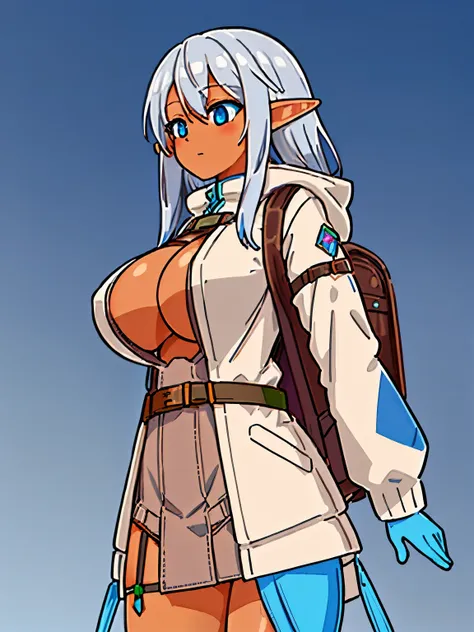 (tanned elf girl:1.2), (silver hair), (large tits), (brown large backpack white jacket belts clothes:1.2), (blue gradient background:1.2), (high fantasy:1.4)