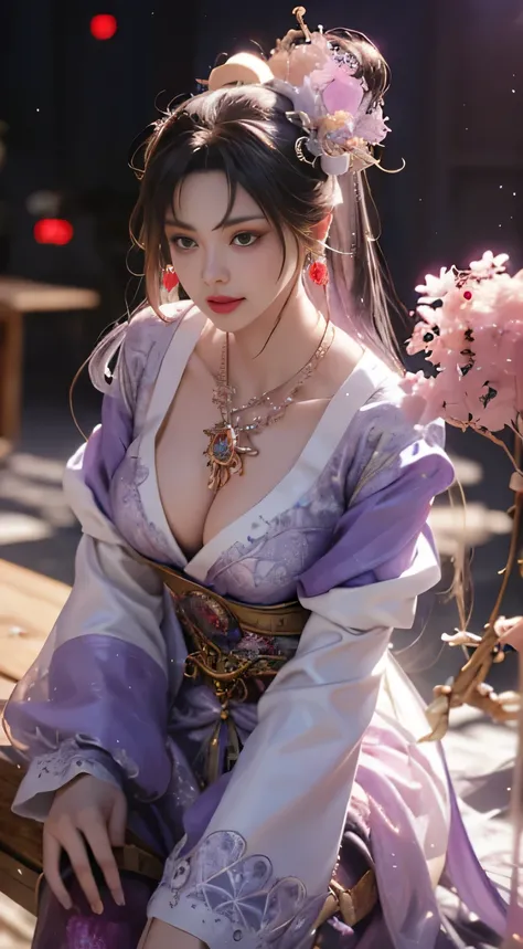 1 Beauty in Hanfu, The white thin purple silk shirt is very textured, white lace top, Purple platinum long ponytail, hair accessories, earring, Necklaces and Necklaces, Carefully drawn big purple eyes, Be careful with makeup, thin eyebrows, high nose, beau...