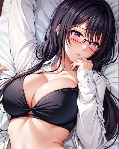 1 milf, long black hair, very big breasts, wearing glasses, blushing, lying on the bed 