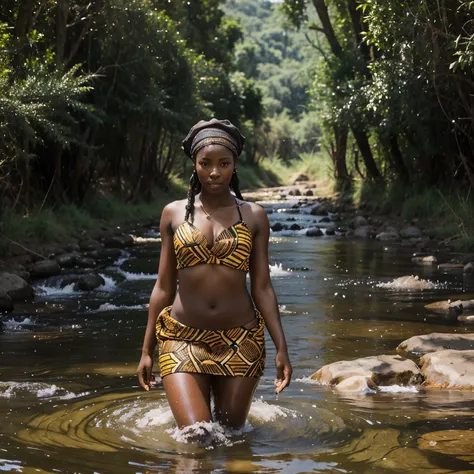 Generate image of  beautiful black African women in a stream in African setting an admired by young men in the same stream from a distance. I want the women to be in African attire with some of them having their clay pots already on their heads.