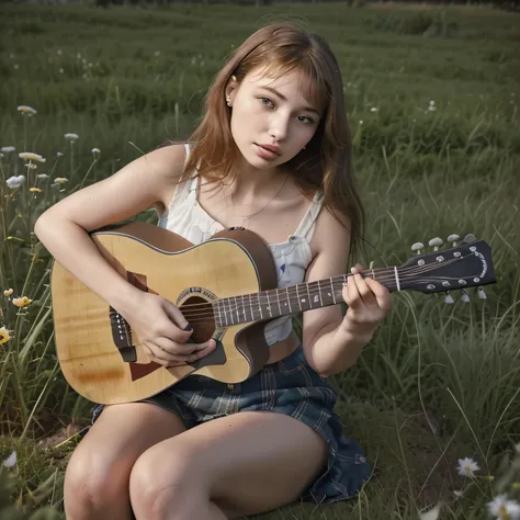 arafed woman sitting in a field playing a guitar, singer songwriter, women playing guitar, playing the guitar, singer - songwriter, the girl plays the guitar, playing a guitar, playing guitar, holding a guitar, playing guitars, acoustic guitar, playing gui...