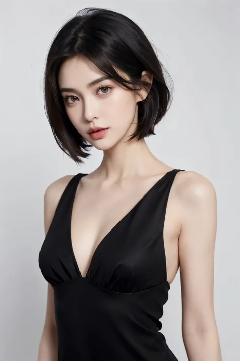 （lifelike,high resolution：1.3）， A slim girl， The face shape and eyes are super delicate,(short black hair),red glossy lips,(beautiful face), (best quality), (Super detailed), (Extremely detailed CG unified 8K wallpaper),((Sexy dress)),(White background),(A...