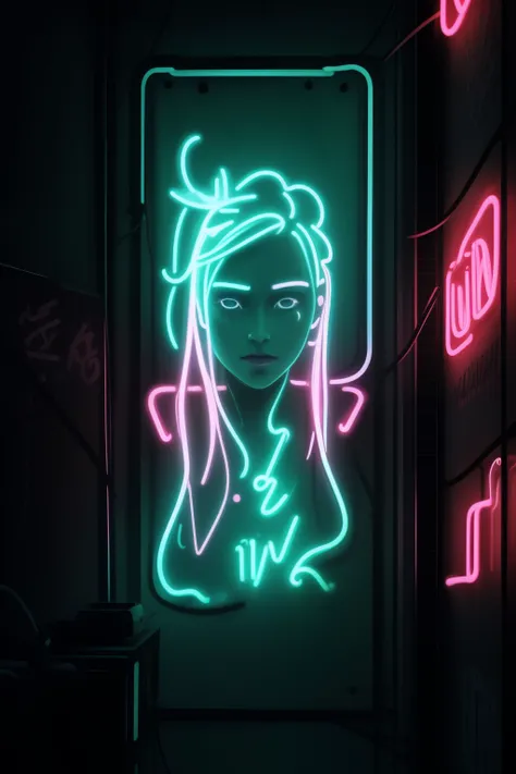 ((Vibrant neon lights:1.5)), ((Glowing neon signs:1.37)), ((Masterpiece of neon art:1.2)), ((Realistic neon depiction:1.4)), ((Detailed neon illustration:1.5)), ((Photorealistic neon representation:1.3)), In the heart of the bustling city, the bright and c...