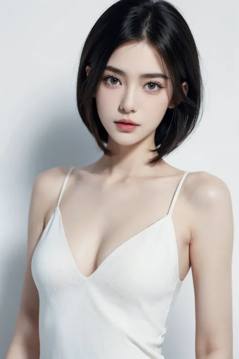 （lifelike,high resolution：1.3）， A slim girl， The face shape and eyes are super delicate,(short black hair),red glossy lips,(beautiful face), (best quality), (Super detailed), (Extremely detailed CG unified 8K wallpaper),((Sexy dress)),(White background),(A...