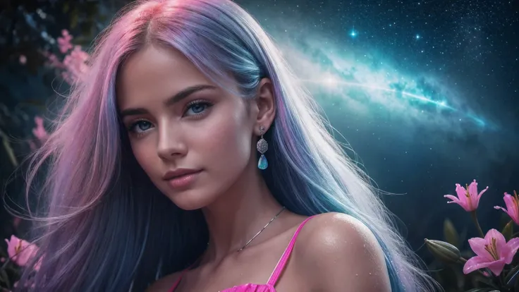 close-upBeautiful realistic girl with blue long hair in the fog,deep atmosphere ,Close-up of clean skin with detailed skin ,,in black tights and a pink blouse ,on an orange background ,Against the background of the starry sky,Bright makeup,EARRINGS WITH GL...