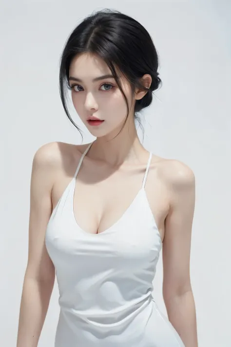 （lifelike,high resolution：1.3）， A slim girl， The face shape and eyes are super delicate,(short black hair),red glossy lips,(beautiful face), (best quality), (Super detailed), (Extremely detailed CG unified 8K wallpaper),((Sexy dress)),(White background),(A...