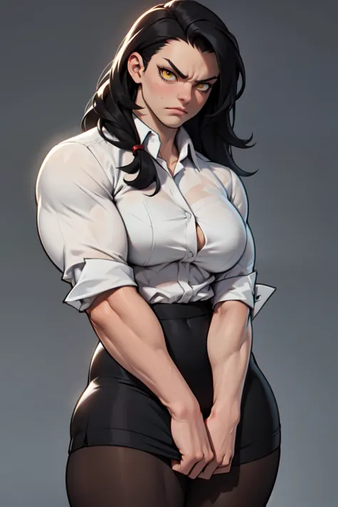 ((1girl)) pale skin large breasts (muscular) toned body thick thighs black hair yellow eyes (long hair grey background) bodybuilder angry pantyhose tight white shirt