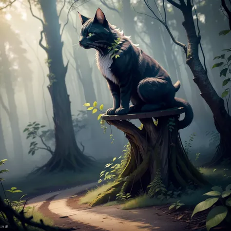 In the heart of a forgotten forest, a feline figure moves with surprising agility. Its dark fur blends seamlessly with the decaying foliage, and its piercing golden eyes glint in the dappled sunlight. With a graceful leap, the cat lands on a gnarled branch...