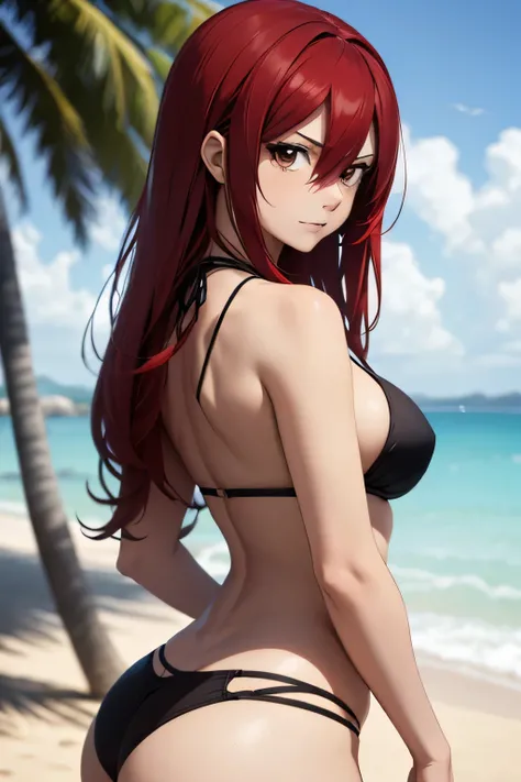 absurdres, high res, ultrasharp, 8K, {masterpiece}, expressive eyes, extremely detailed, best quality, perfect face, erza scarlet, long hair, (red hair:1.5), hair between eyes, (brown eyes:1.7), large breasts, pleased, beach, bikini, standing, showing the ...