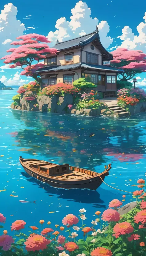 Imagine a house in the middle of the ocean with lots of flowers and a boat in anime style; japanese anime style; studio ghibli; vibrant; cozy vibe