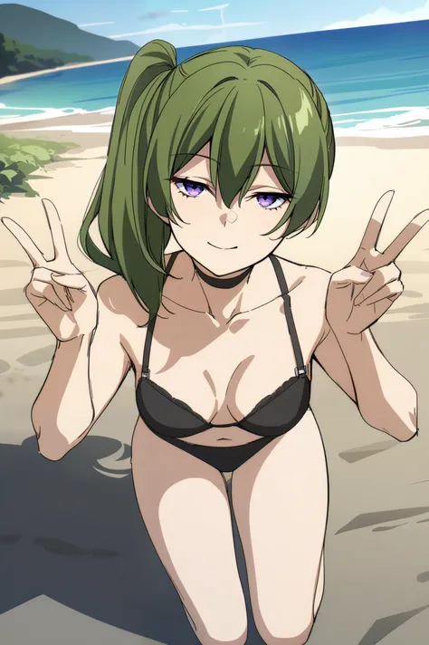 ubel,1girl,green hair, bangs,hair between eyes,side ponytail, purple eyes,
black choker, collarbone, medium breast, black bra, black panties, full body photography, 
looking at viewer, half-closed eyes, expressionless, smile, double v, outdoors, (masterpie...