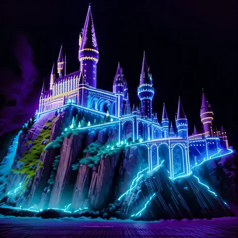 the hogwarts castle (harry potter) in neon. vibrant castle, lively school, garden with illuminated driveway, the nightlife of th...