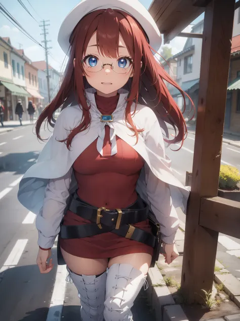 summonnightaty, aty, long hair, blue eyes, red hair, beret, hat, glasses,
BREAK long hair, thighhighs, hat, dress, boots, glasses, belt, cape, sweater, zettai ryouiki, beret, thigh boots, white footwear, ribbed sweater, loose belt,solo,
BREAK outdoors, fan...