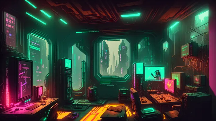 there is a room with a computer and a monitor in it, cyberpunk setting, cyberpunk apartment, cyberpunk interior, cyberpunk environment, the cyberpunk apartment, cyberpunk art ultrarealistic 8k, cyberpunk atmosphere, hyper-realistic cyberpunk style, futuris...