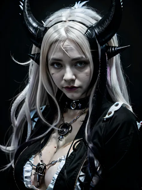 anime girl with horns and piercings in black and white, 1 7 - year - old anime goth girl, demon anime girl, anime character, white horns queen demon, beautiful anime portrait, gothic maiden anime girl, anime girl with long hair, tifa lockhart with white ha...