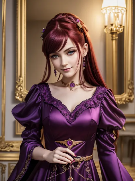 best quality,4K,high resolution),ultradetailliert,realistisch,portrait, Purple succubus with dark red hair in a purple and dark red spring dress with gold decorations, leuchtende Farben, delicate features, seductive glance, charming smile, wallende Haare, ...