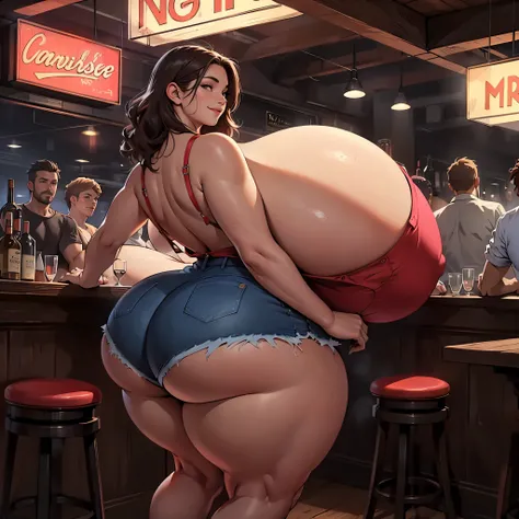 (masterpiece, best quality, highres, detailed), (realistic:1.2), young woman, (gigantic breasts:1.2), (gigantic ass:1.4), (massive thighs:1.2), (thin waist:1.2), beautiful, small smile, dancing, crowded bar