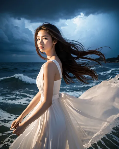 (highest quality, 32k, High resolution, masterpiece:1.5, ), god々New, a mysterious miracle, ((stormy night:1.2)), detailed sea and sky, ((standing in the raging sea:1.2)), Japanese Beauty New Girl, 14 years old, Holding a small light with both hands, accura...