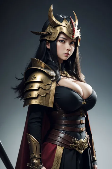 Detailed portrait of Cinematic shot,cute girl,cape,samurai,gold and red assassin armor,intricate armor,vikings helmet, angry, full body,gundam Emphasize blackened steel,detailing,4k resolution,enaissance style,high contrast,cinematic lighting, clean-shaven...