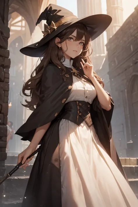 A young witch with a striking presence. Voluminous brown hair. penetrating brown eyes. Intelligent and determined. Average height. Trusting. Serious expression. She wears a , white shirt, long skirt and a black cape. She holds a magic wand. school of magic