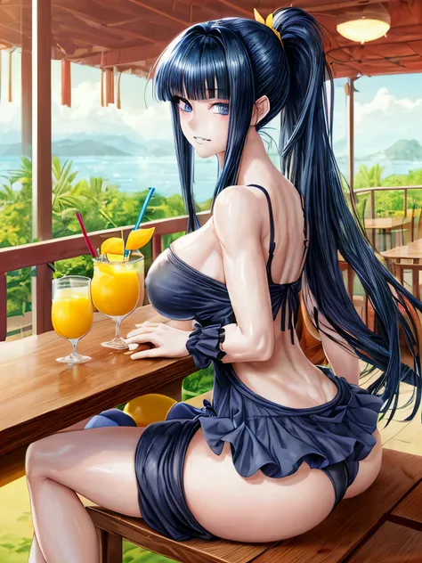 High resolution, high quality, 1 girl, anime girl, dark blue hair,ponytail,long hair,dull bangs, dark blue eyes,closed one eye,clenched teeth,[[pale skin]],Glossy skin, big breasts,beautiful breasts,(big ass),beautiful butt,pink high leg water wear,sitting...