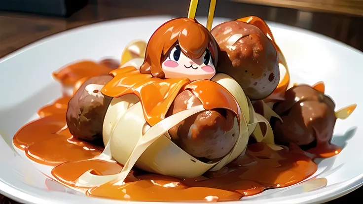 A yellow snake with meatballs and tomato sauce on top, anime kawaii:5.0, estilo kawaii, comida em forma de animal:3.0, kawaii core.