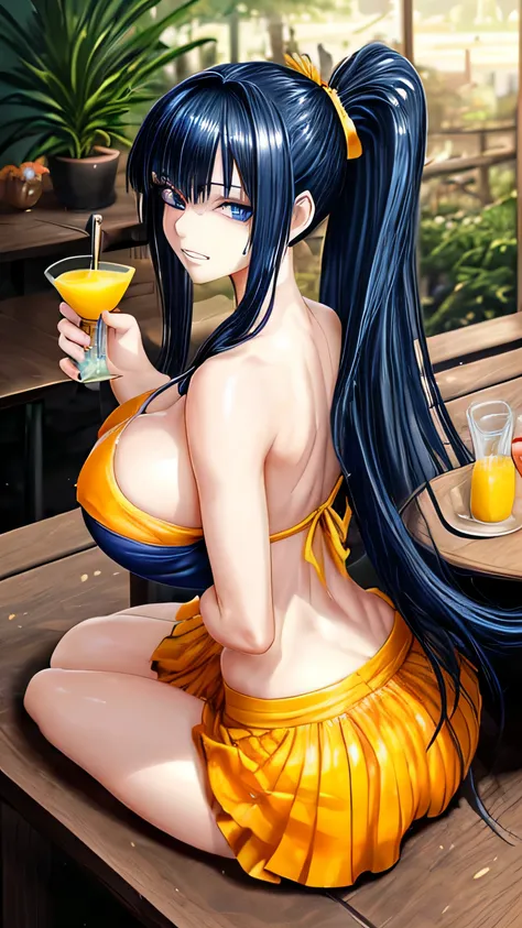 High resolution, high quality, 1 girl, anime girl, dark blue hair,ponytail,long hair,dull bangs, dark blue eyes,closed one eye,clenched teeth,[[pale skin]],Glossy skin, big breasts,beautiful breasts,(big ass),beautiful butt,pink high leg water wear,sitting...