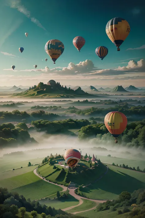 There is a huge hot air balloon flying over the field, whimsical fantasy landscape art, hot air balloon, dreamy scenes, (fantasy), pastel style painting, balloon, painting of a dreamscape, artwork of a, amazing background, A beautiful artwork illustration,...