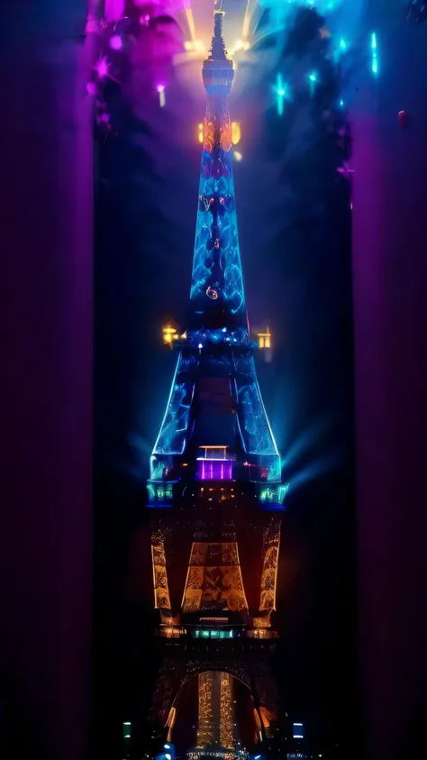 eiffel tower in neon. vibrant eiffel tower, bustling paris streets, illuminated champs-elysées avenue, the nightlife of the urba...