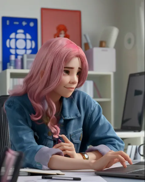 woman with pink hair sitting at a desk with a laptop, with pink hair, roseanne park of blackpink, cute girl with short pink hair, pink hair, flowing pink hair, amy sol in the style of, janice sung, light pink hair, portrait of jossi of blackpink, short pin...