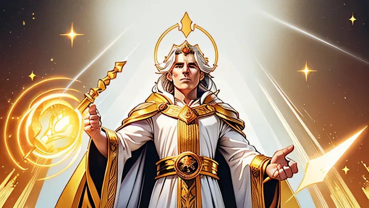 the king luminos, a centuries-old being of light, large, with fiery eyes, white hair, shining golden cloak, a scepter in his hand and a crown on his head, on a white background
